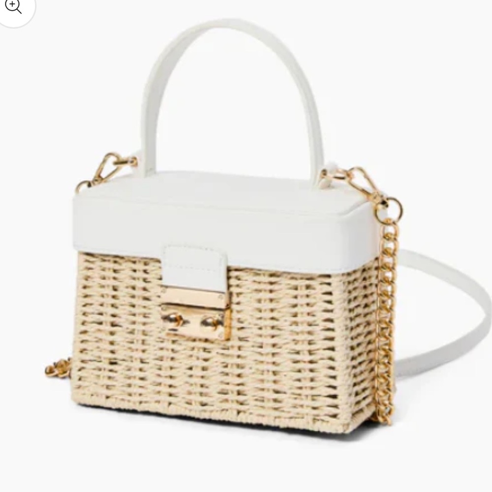 White & Natural Woven Crossbody Bag with Gold Chain - Picture 2 of 4
